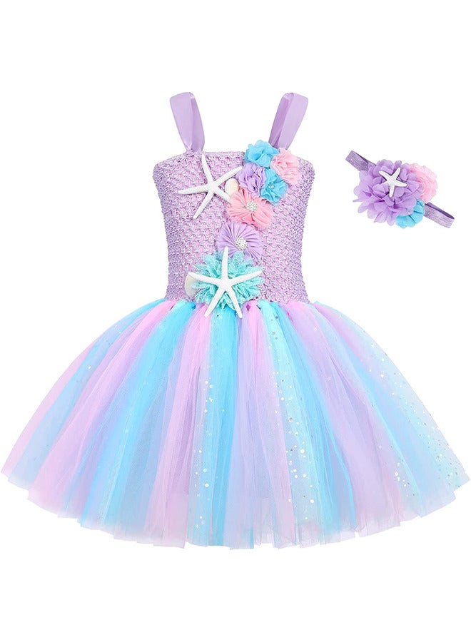 تنورة حورية البحر للفتيات تنورة حورية البحر لحفلات أعياد الميلاد والأميرة للأطفال تنورة شاش حورية البحر ونجم البحر (5-6 سنوات L أرجواني فاتح) - Image 1